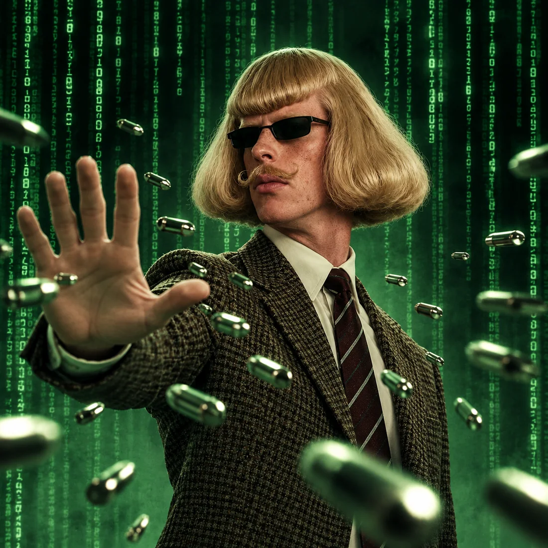 agent jean phil in tweed and sunglasses, one hand raised, a cloud of bullets waiting in the air for permission