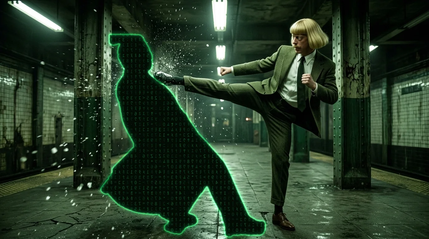a subway platform. jean phil lands a very high kick on a silhouette made of green code, and the code is leaning backwards