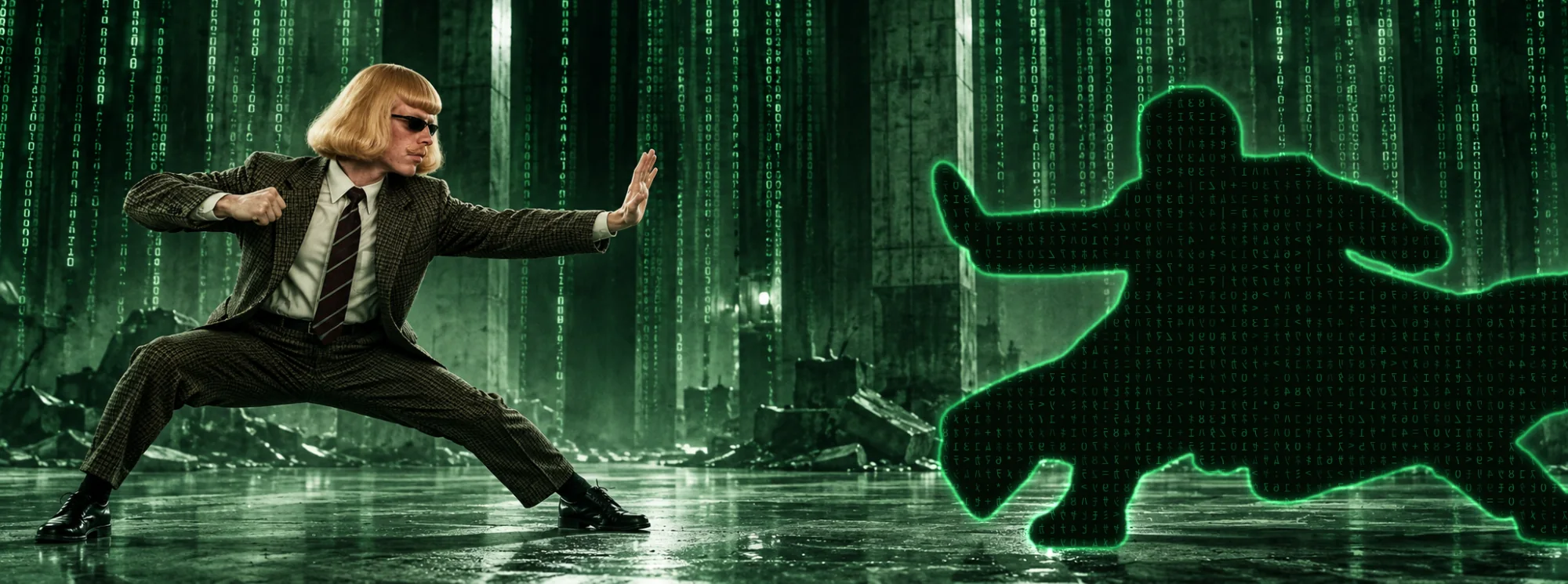 jean phil in tweed and sunglasses, one palm raised, facing a man-shaped column of green code who has raised his palm as well