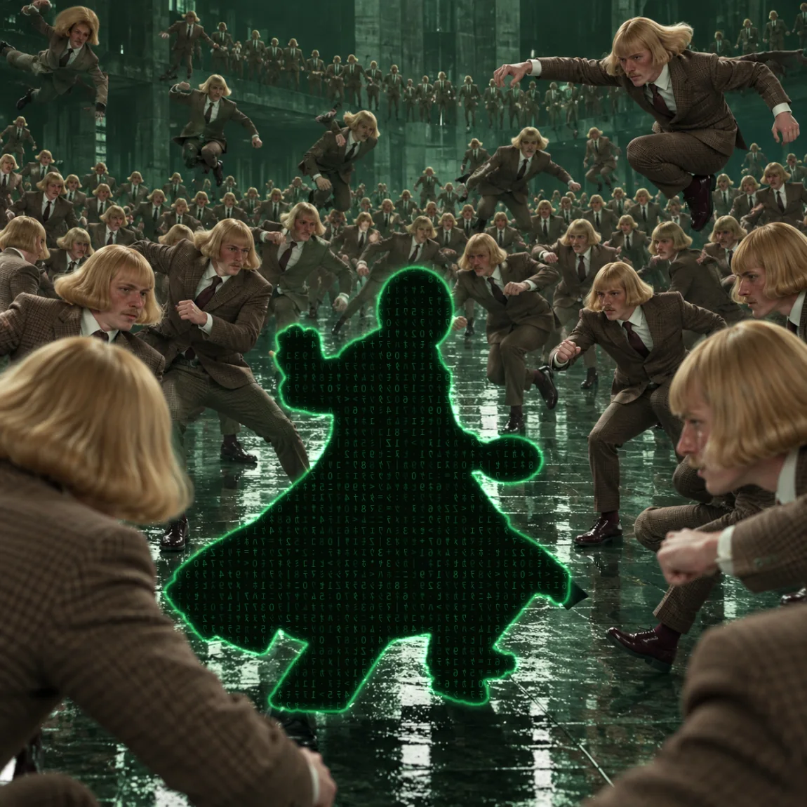 several hundred identical jean phils in brown tweed closing in on one small silhouette of green code in the middle of a wet courtyard